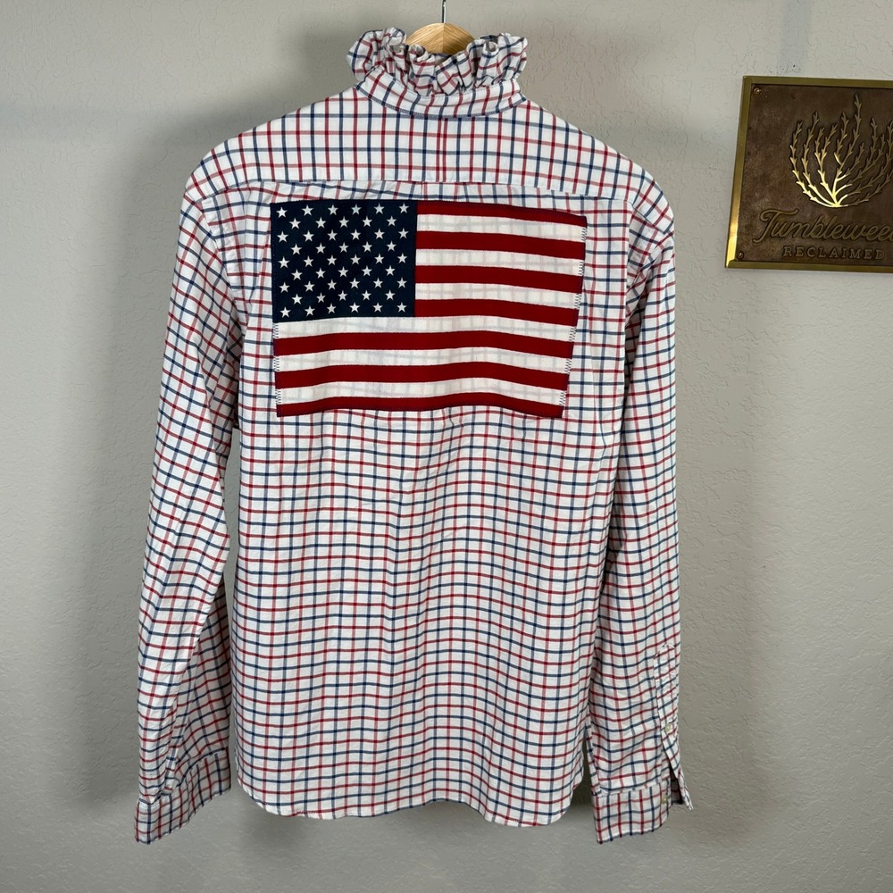 Ralph Lauren Ruffle Collar Tattersall Check American Flag Patch Shirt Womens L - Picture 8 of 10